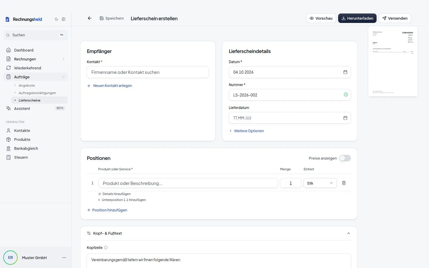 Lieferschein erstellen in Rechnungsheld